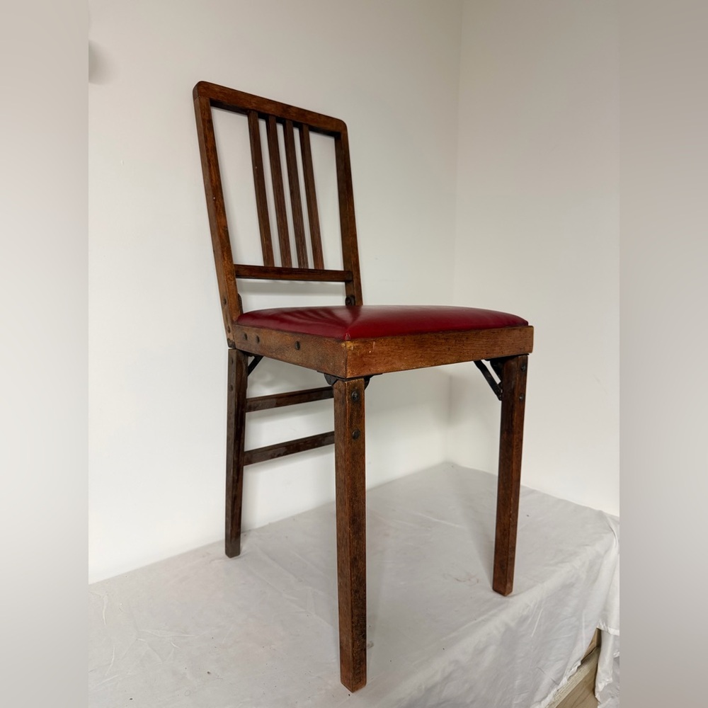Vintage Wood Folding Chair Slat Back Red Upholstered Seat